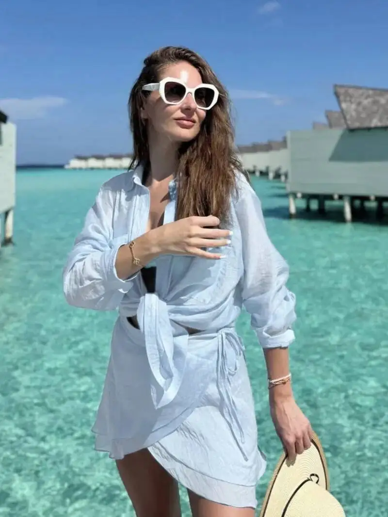 

Летний пляжный комплект солнцезащитной рубашки, женская прозрачная рубашка с длинными рукавами, повседневные юбки для отпуска, костюм, купальник, накидка, новинка PH9B