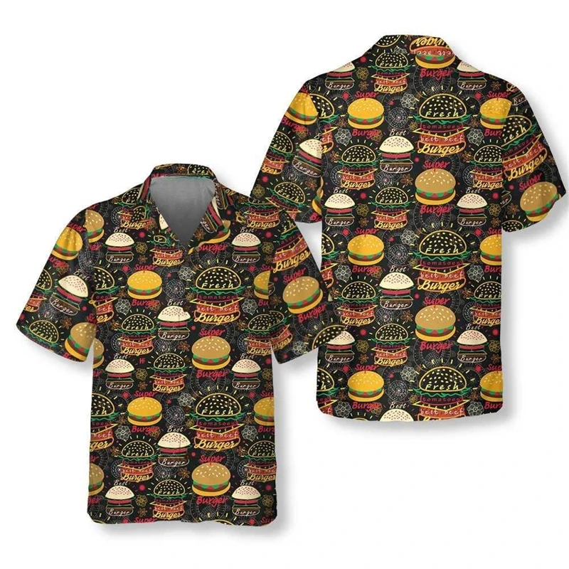 

Food Hamburger Graphic Shirts For Men Clothes Casual Hawaiian Burger Beach Shirt Aloha Hip Hop Short Sleeve Vacation Blouses Top