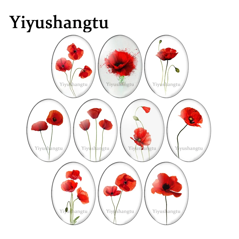 Fashion flowers red poppy pattern 13x18mm/18x25mm/30x40mm Oval photo glass cabochon demo flat back Making findings