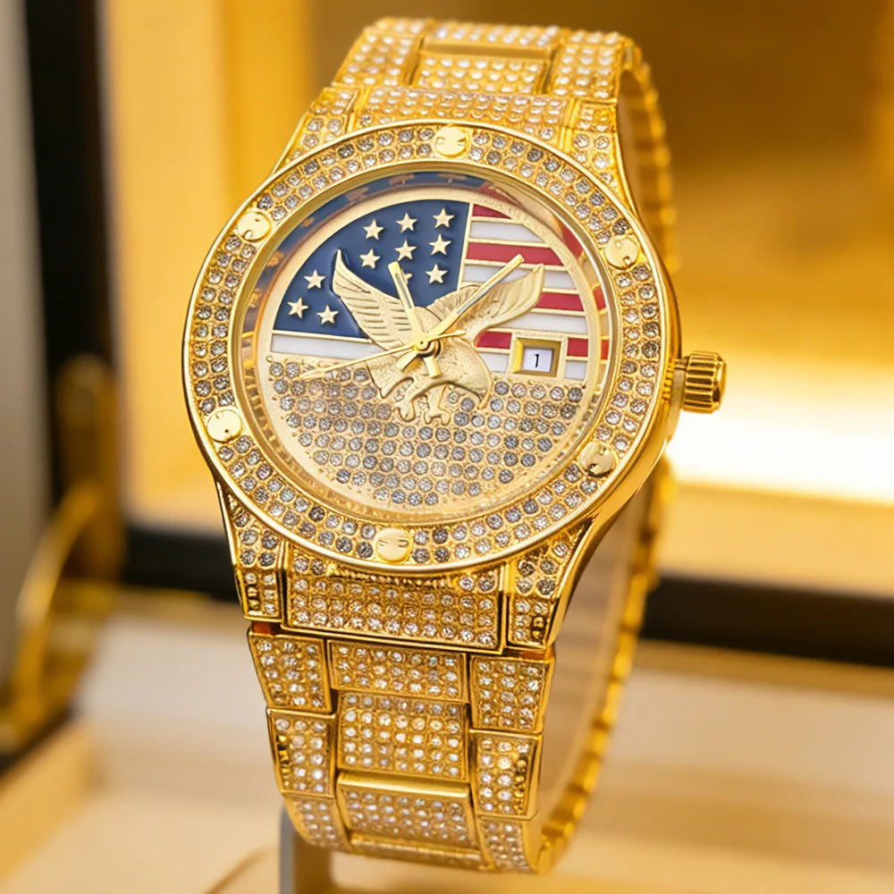Luxury Hip Hop Ice Cool Sparkling Flag Eagle Quartz Watch Starry Sky Diamond Set Watch American Flag Eagle Dial Men's Quartz Wat