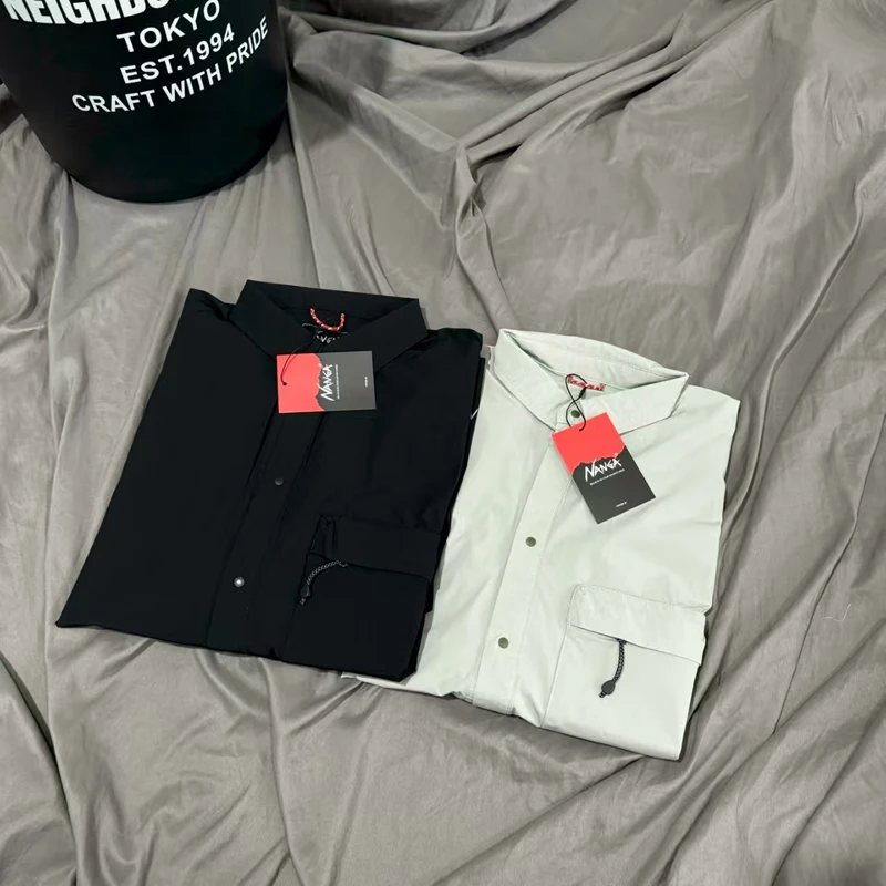 

Hem Embroidery Logo Nanga Long Sleeve Shirt Casual Hemp Rope Zipper Pockets Men Women Quick Dry Loose V-shape Shirt Clothes