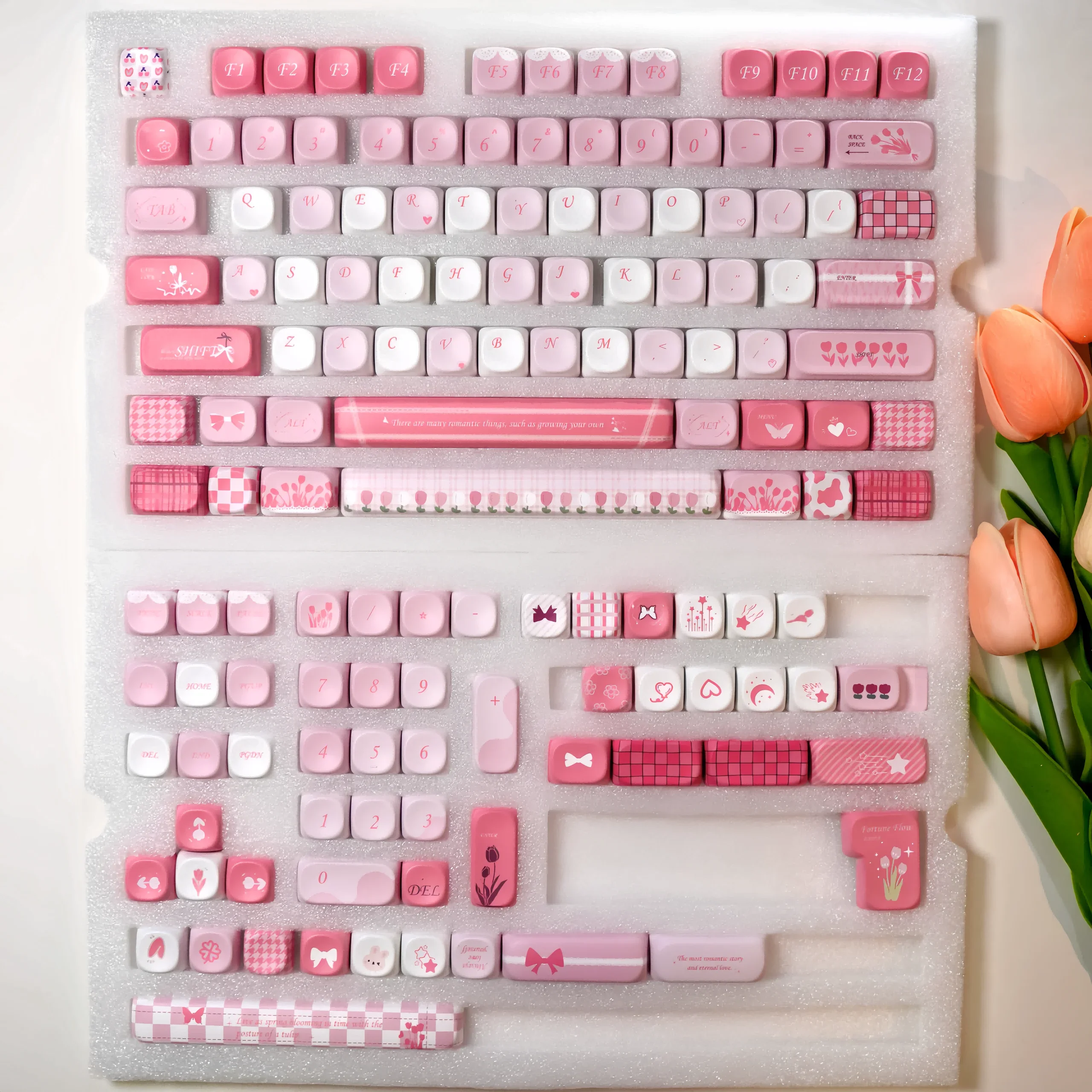 Moa TULIP Keycaps 140 สีชมพูสดขนาดเล็กน่ารักรอบสไตล์ฝรั่งเศสตัวอักษร L ใส่คีย์ 2.25/2.75U Space Bar Alice รูปแบบ Keycaps