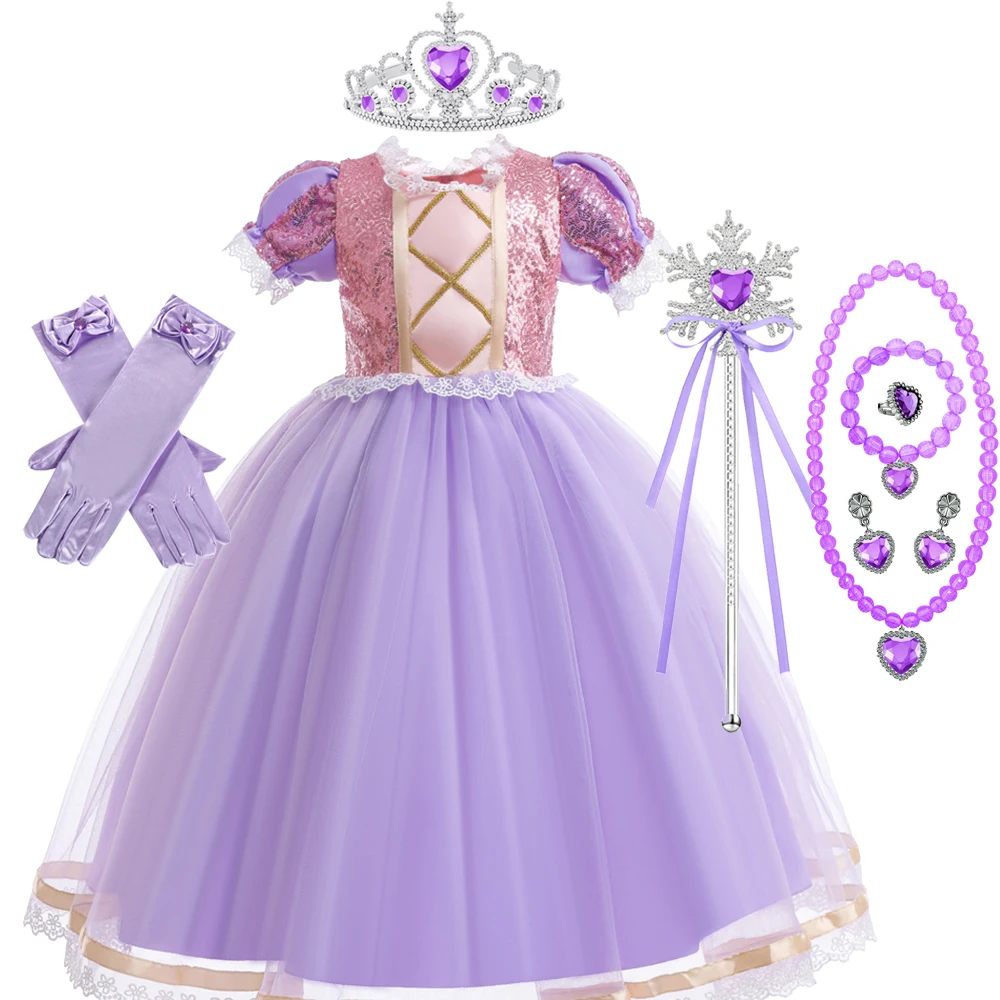 Rapunzel Cosplay Prinzessinnenkleid für Kinder, Halloween-Verkleidung mit Kurzen Ärmeln, Aufführungskostüme, Mädchen Geburtstags- und Karnevals-Party-Outfits – Detail 7