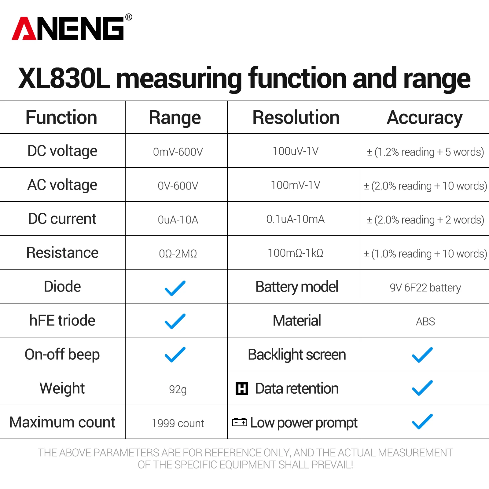 ANENG XL830L LCD Backlight Multimeter 1999 Counts 600V AC/DC Voltage DC 10A Current Resistance Diode HFE Detector with Data Hold gallery 5