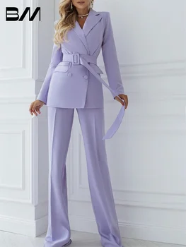 여성용 슈퍼 롱 퍼플 슬림 핏 바지 정장 세트, 와이드 레그, 맞춤 제작, 오피스 레이디 파티, 무도회 원피스, 패션, 맞춤형