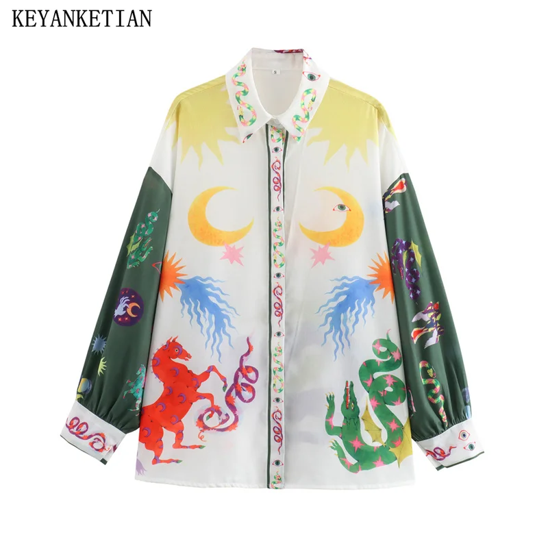 KEYANKETIAN 2024 New Women\'s Hand-Painted Totem Shirt Nightgown Blast Single Breasted Long Sleeve Oversize Blouse Loose Top