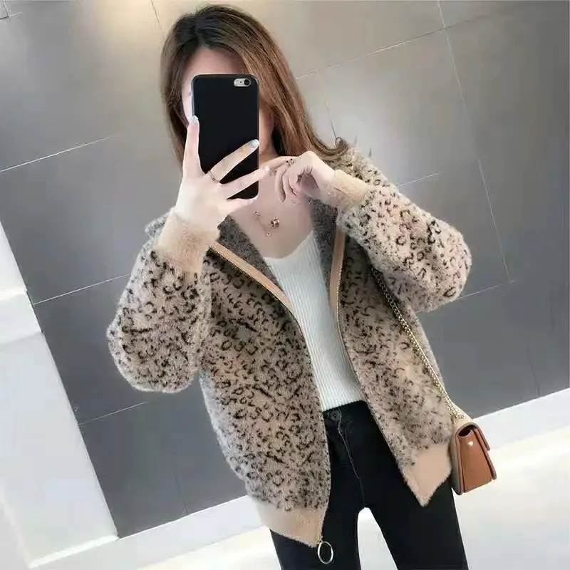 Imitation Mink Hair Autumn Winter Women\'s Coat Leopard Print Knitting Cardigan Hooded Short Loose Add Thick Female Outerwear