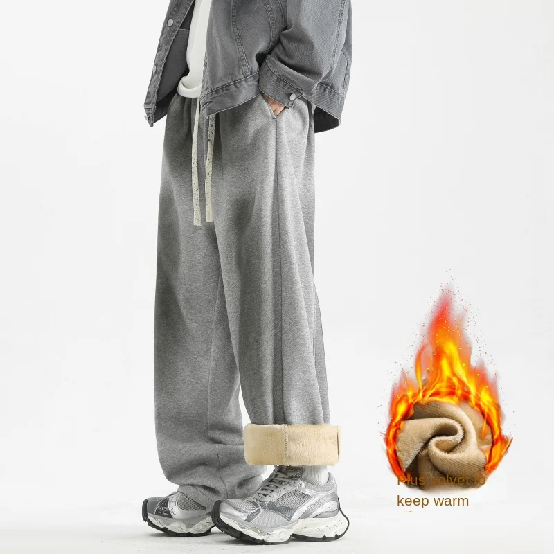 だぶだぶのパンツ男性パンツ黒カジュアルズボン弾性ウエスト冬フリースルーズフィットハイストリートトレンディメンズファッション