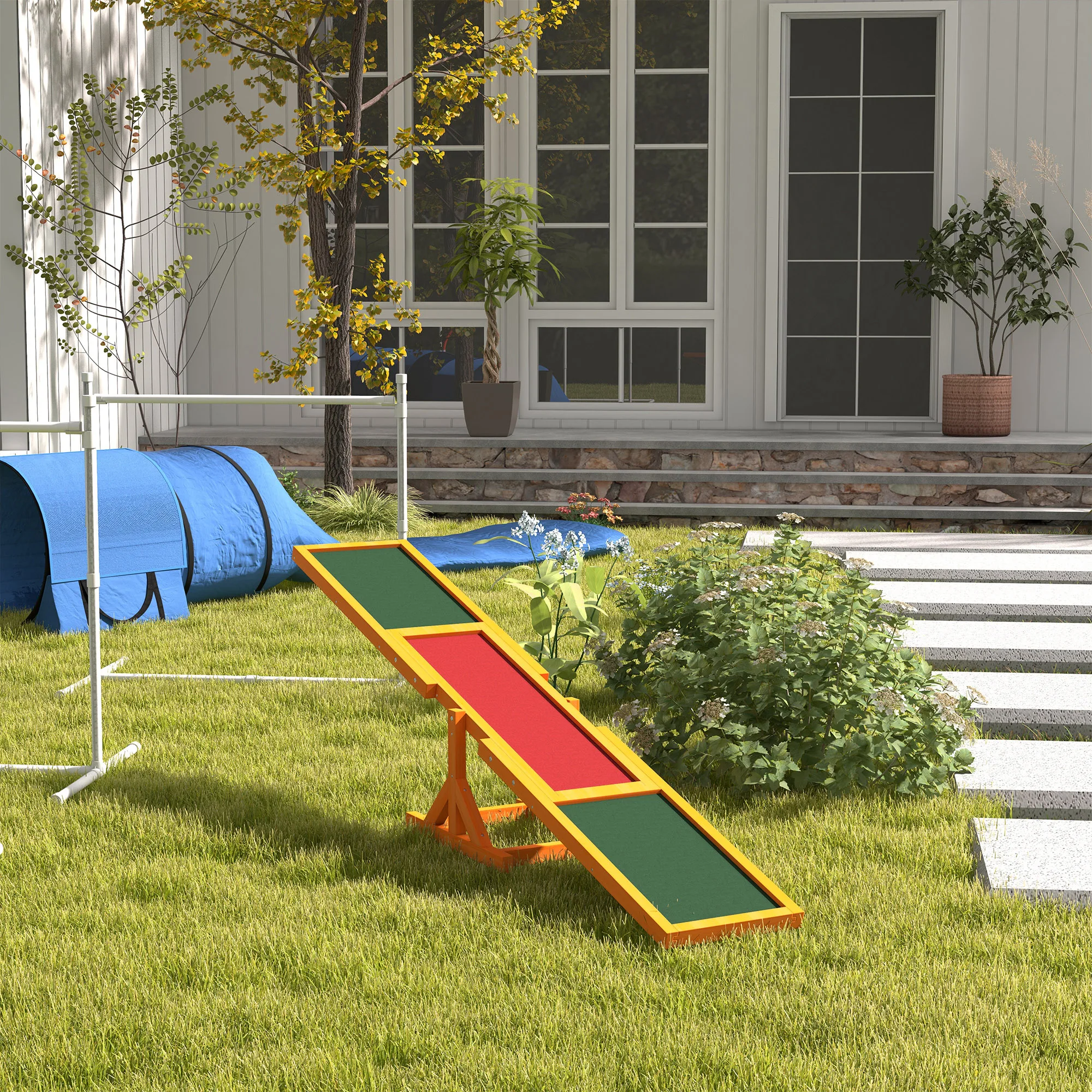 Balançoire pour chien en bois 180x30x30cm pour l'entraînement d'agilité, en bois de sapin massif avec surface antidérapante, capacité de 50kg, idéale pour les chiens de petite à moyenne taille jusqu'à 30kg, équipement de parcours d'obstacles pour extérieur.