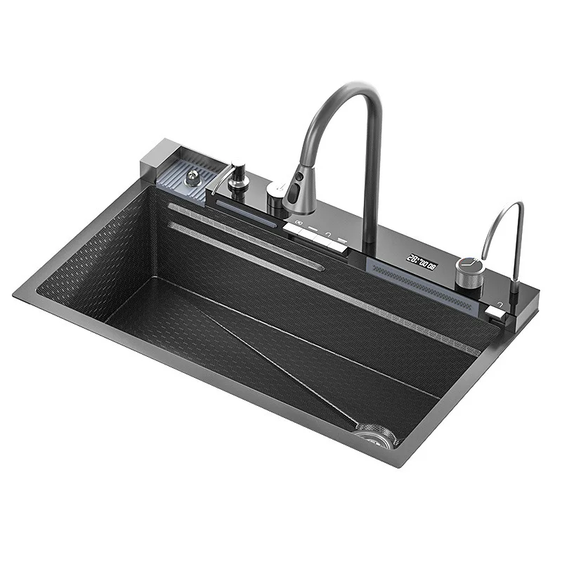 Modern Single-Bowl Stainless Steel Kitchen Sink with Waterfall Design Mount Dish Rack Complete Set Big Single Bowl One-Hole