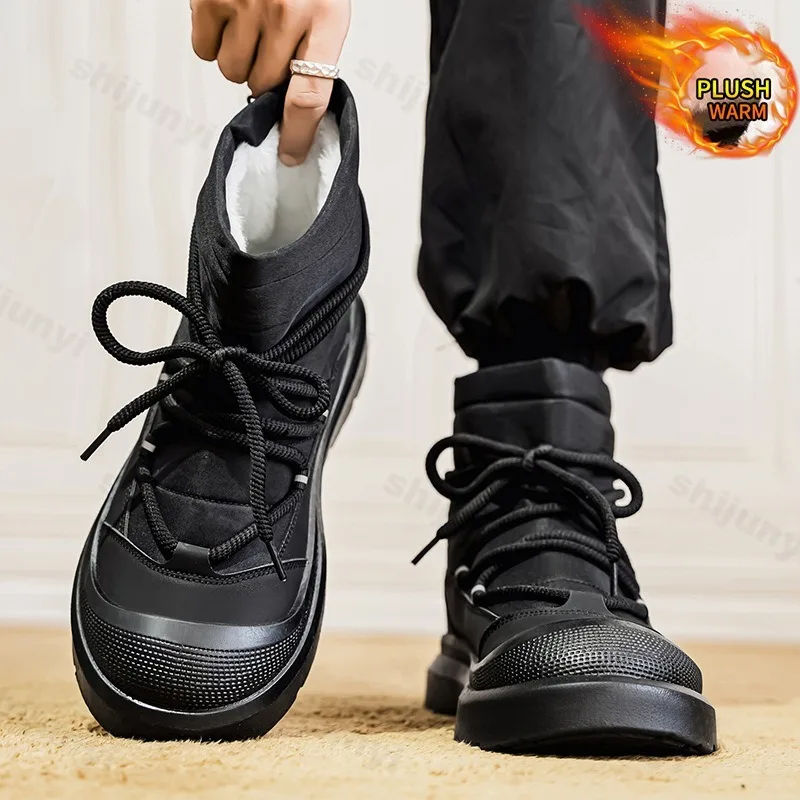 

Зимние мужские ботинки для снега, теплые, утолщенные, повседневные, высокие, с плюшевой подкладкой, удобные, нескользящие, на платформе, хлопковые ботинки Botas Hombre