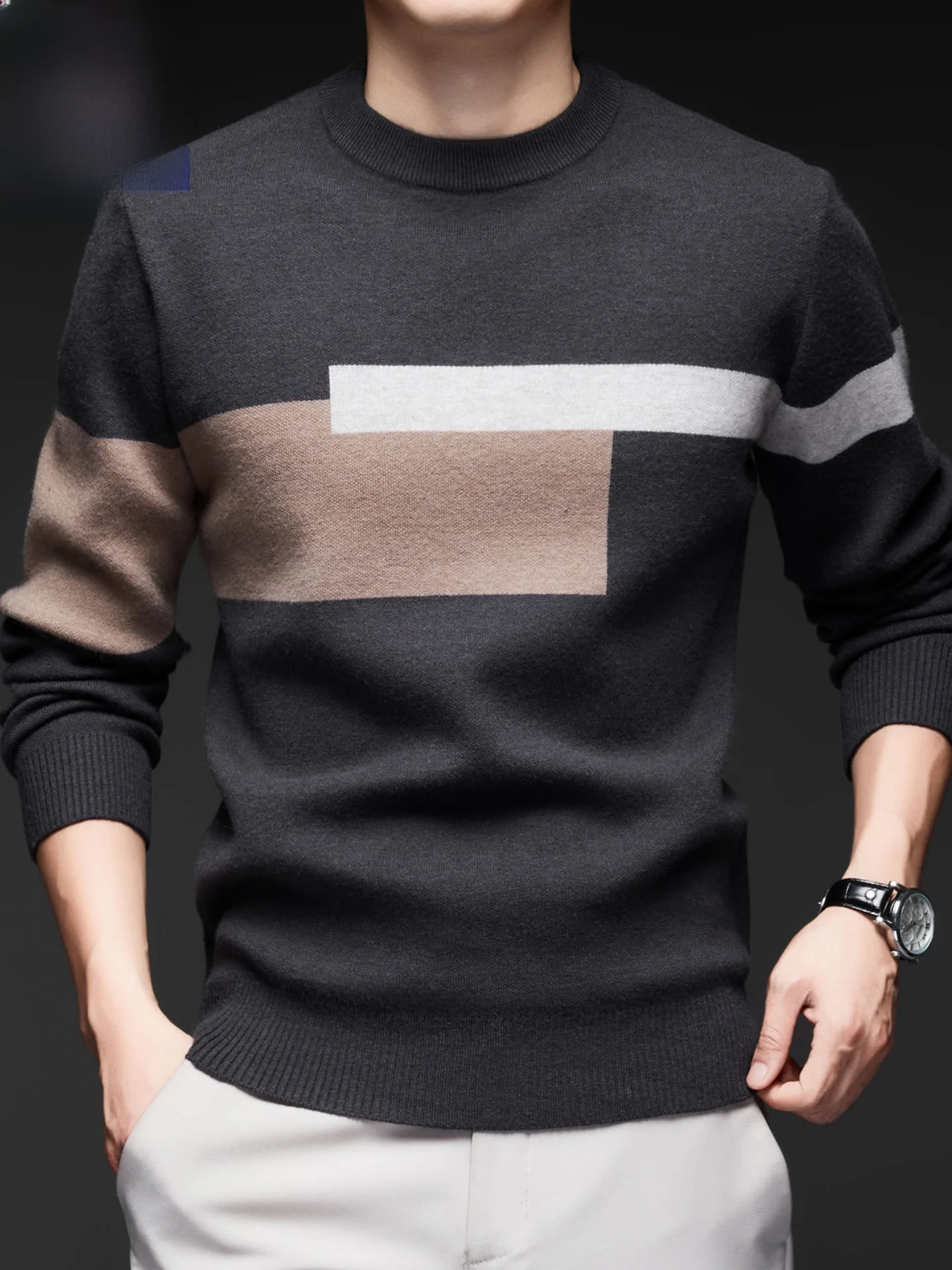 

Thiened Warm Casual Knitted Sweater Men's Autumn Winter New Sle Overhead round Ne Base irt Color Blo Pattern TUCANO