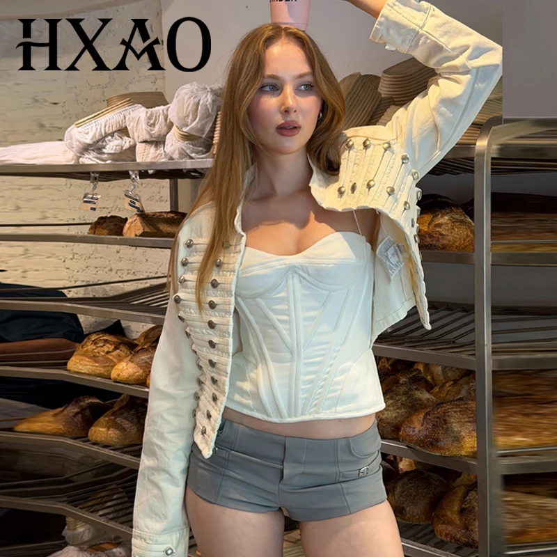 HXAO Women's Denim Jackets With Button Demi-Season Cropped Long Sleeve Fitted Jacket White Blue Fashion Vintage Streetwear