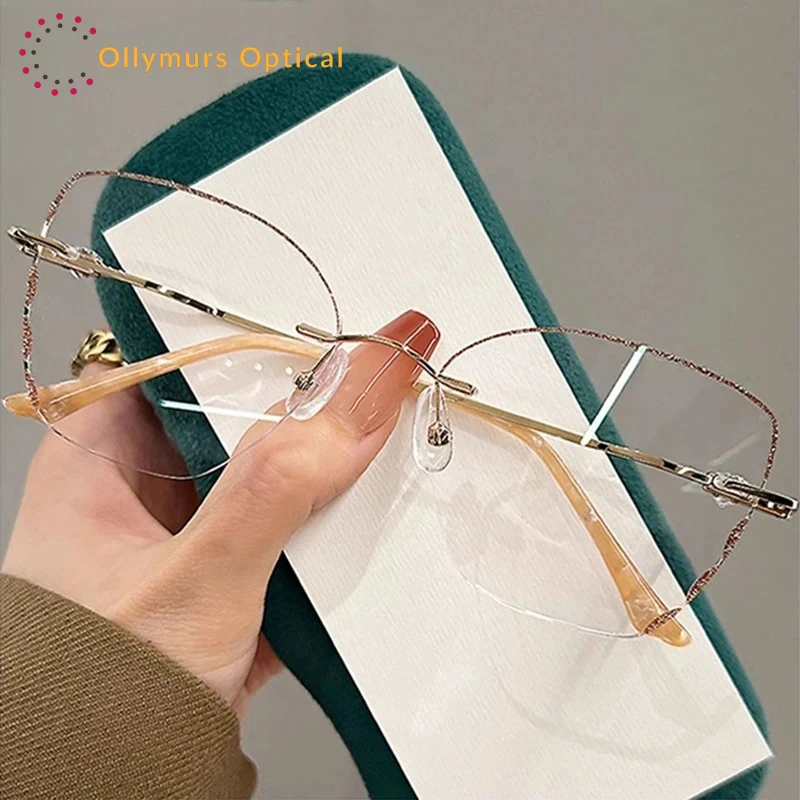 

Women Cat Eye Rimless Eyeglasses Elegant Sunglass Luxury Durable Titanium Glasses Gradient Clear Glasses Glitter Edge Gafas