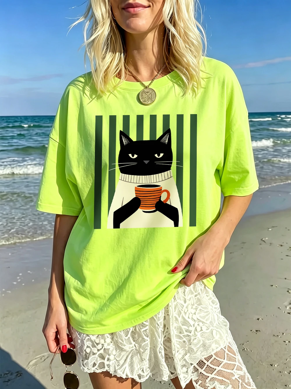 Schwarze Katze Kaffeetassen-Druck Baumwoll-T-Shirts Damen Sommer Oversized Tops Lässige Weiche Kurzarm-T-Shirts Basic O-Ausschnitt Kleidung – Detail 18