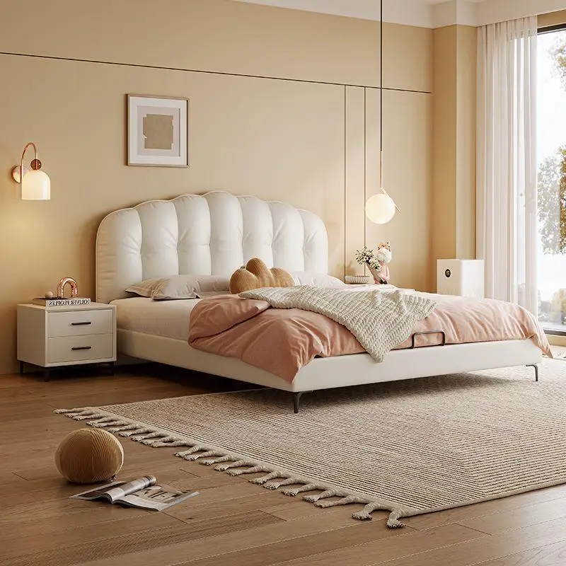 Wabi Sand Wind Simple Modern Leather Bed, Master Bedroom Queen Bed, Soft Bag Storage Double Bed