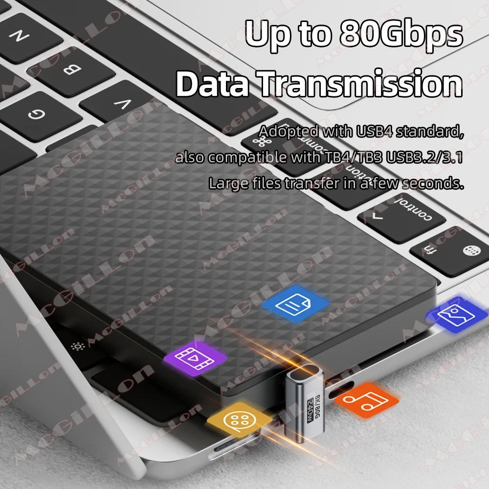 240W USB C to Type C Adapter 80Gbps 8K 60Hz 90 Degree Converter USB4 Adapter for Thunderbolt 4/3 MacBook iPhone 16 Pro Tablet