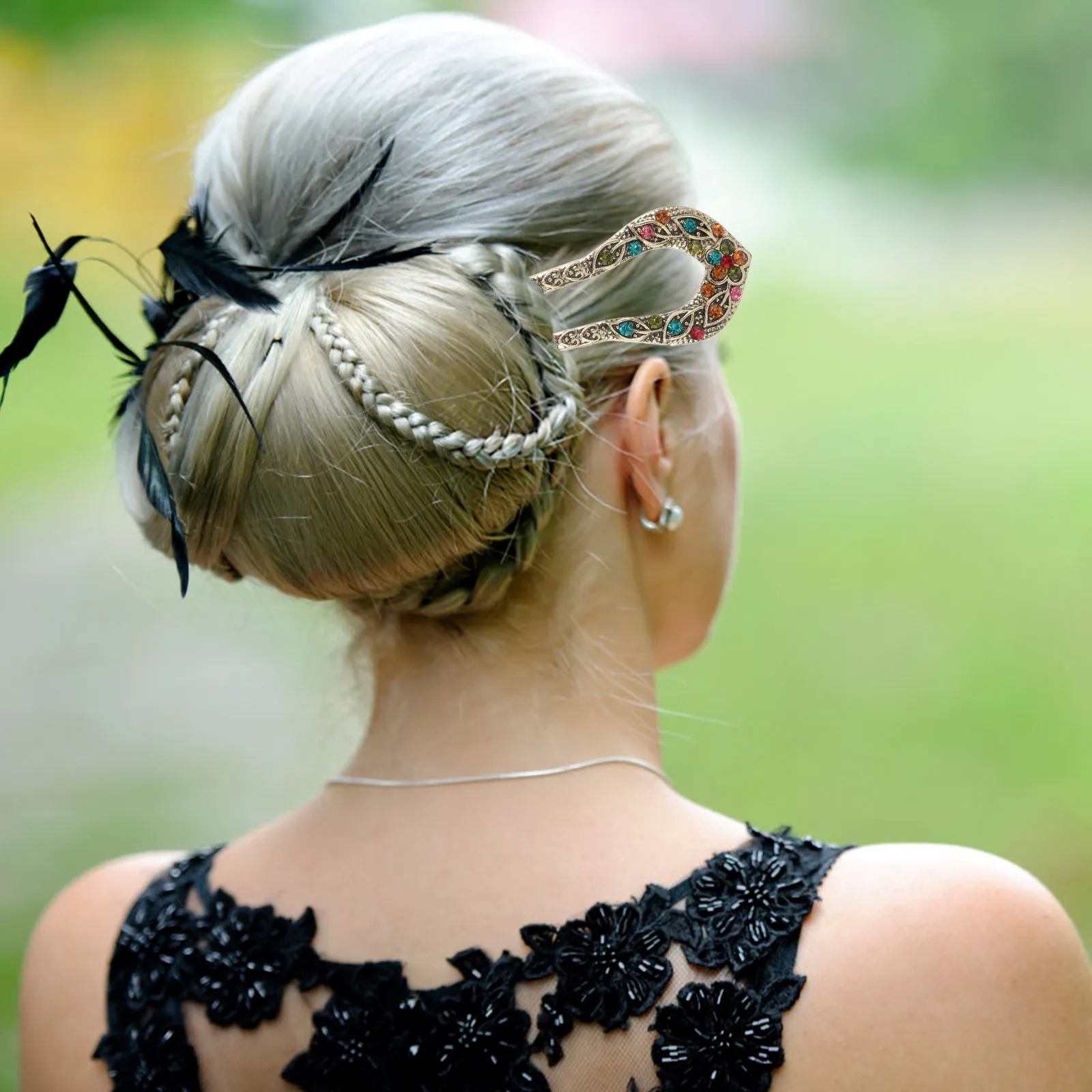 

2Pcs Retro Hairpin Double Prong Rhinestone Inlaid Hair Stick Elegant U-Shape Hair Dovetail Clip for Banquet Celebration Use