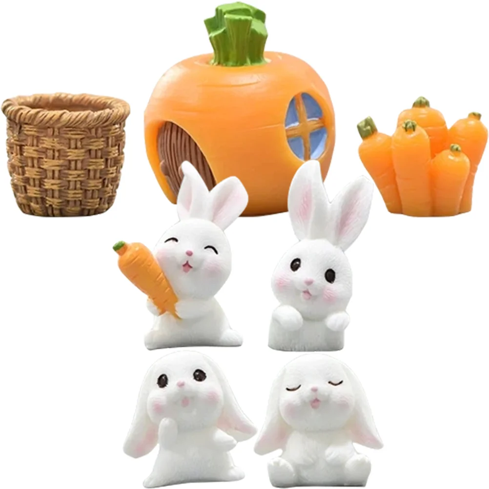 7 Pcs Garden Tiny Statues Micro Landscape Bunny Cars Toys Miniature Figure Cartoon Rabbit Resin Small