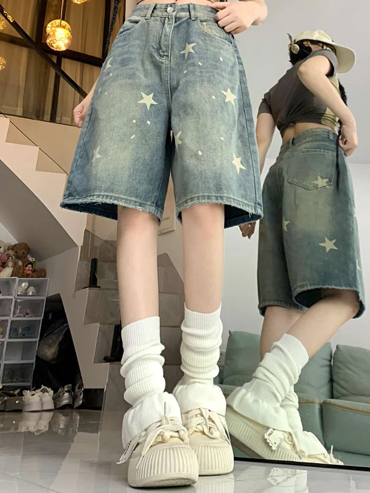 Women High Waist American Retro Washed Wide Leg Jeans Girls Street Do Old Star Loose Denim Pants Female Blue Knee Length Shorts