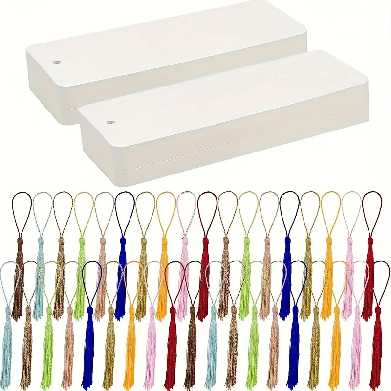 60Pcs (30 Tassels and 30 Bookmarks) Hand-Painted Blank Bookmarks and Colorfulful Tassels - DIY Gift Craft Making Accessories Paper Bookmarks White Cardboard Hand-Painted Bookmarks Gift Packaging Bag Hanging Drawing Paper