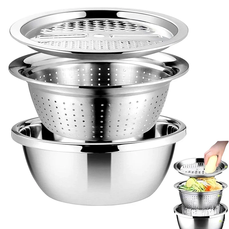 3 in 1 Stainless Steel Vegetable Slicer With Drain Basket Kitchen Potato Carrot Grater Strainer Utensil Rice Washer Drain Bowl