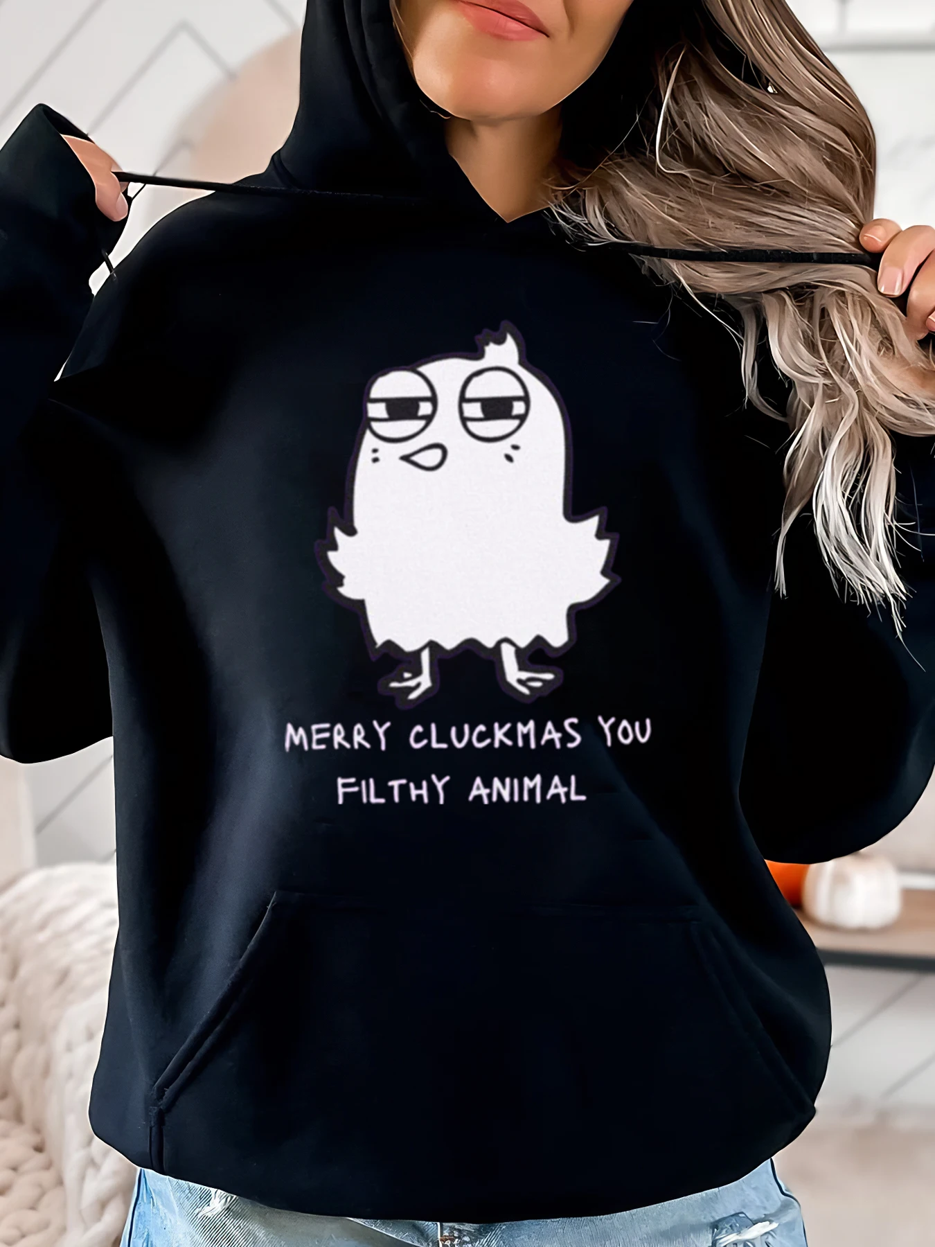 

Рождественская толстовка с куриным принтом Merry Cluckmas You Filthy Animal, женская повседневная одежда, праздничный наряд, черный, больших размеров