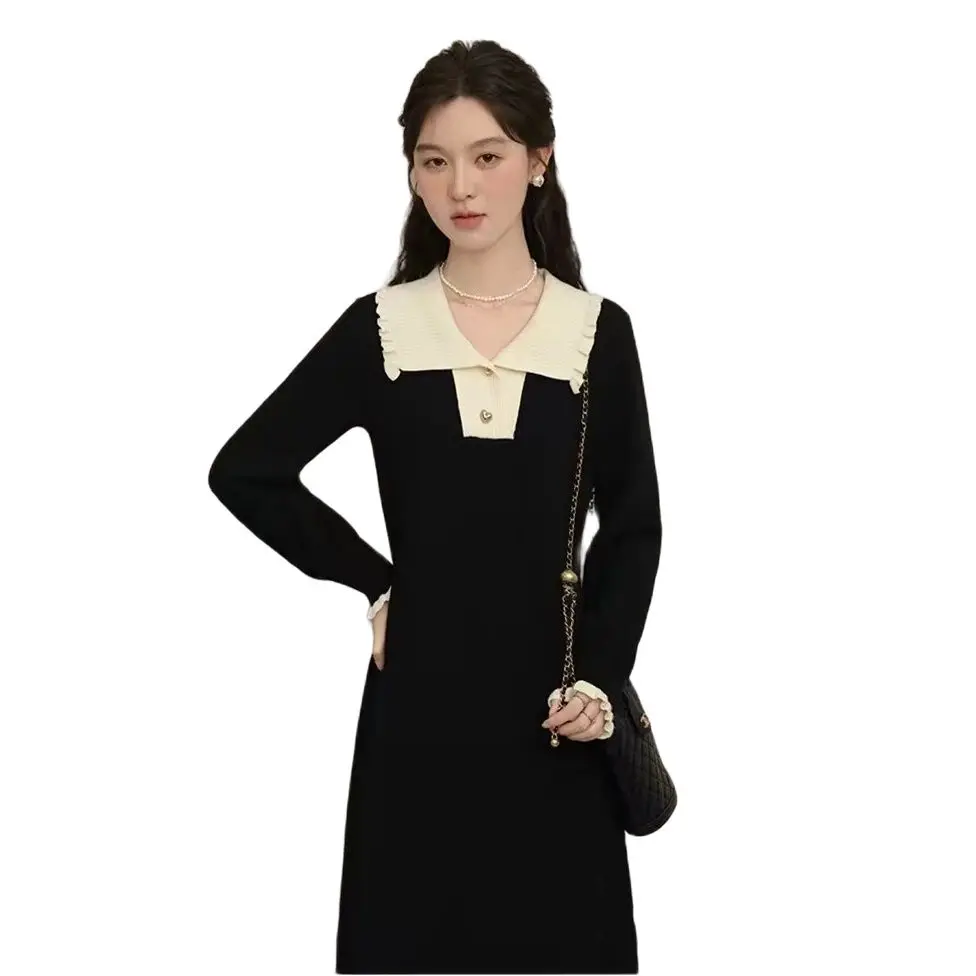 

2023 Winter Maternity Knitted Dresses Long Sleeve Turn-down Collar Preppy Style Pregnant Woman Elegant Dress Pregnancy Clothes