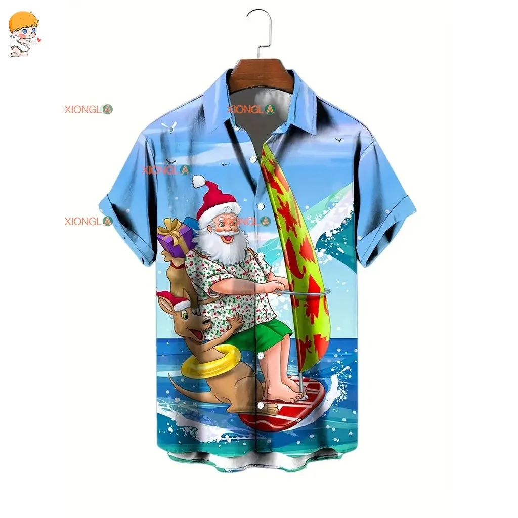 

2026 Рождественские мужские рубашки с рисунком Санта-Клауса для косплея, гавайские топы в стиле Харадзюку, короткая футболка с принтом и лацканами, модная праздничная одежда ‌