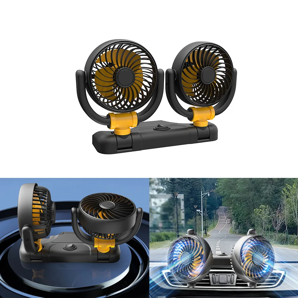 

5/12/24V Car Fan Cooling with Parking Plate Dual Head USB/Cigarette Lighter 2 Speeds Adjustable Cooler Air Fan Wind Regulation