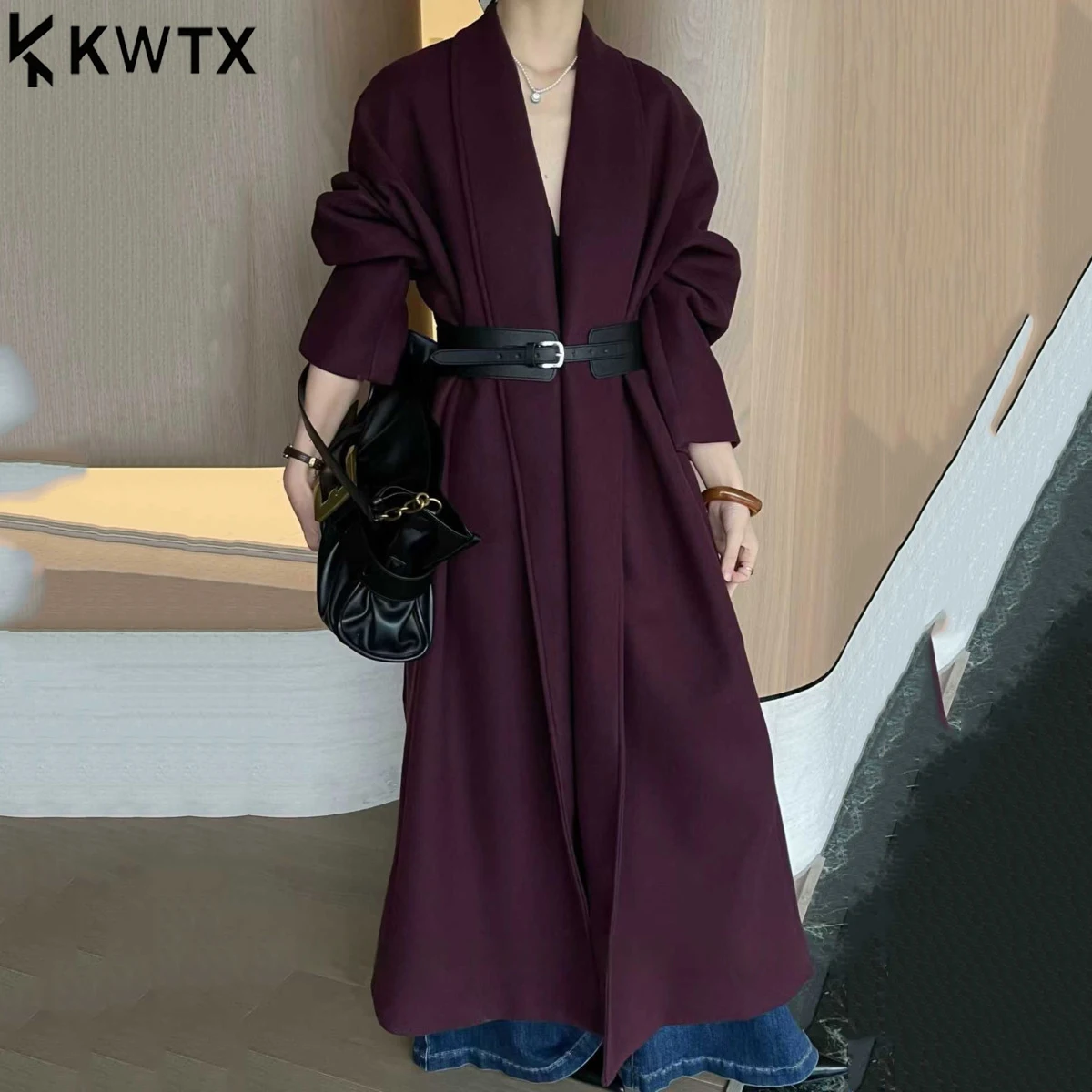

KWTX 2025 осень-зима женский шерстяной плащ элегантное длинное пальто с поясом и лацканами с карманами повседневная верхняя одежда офис