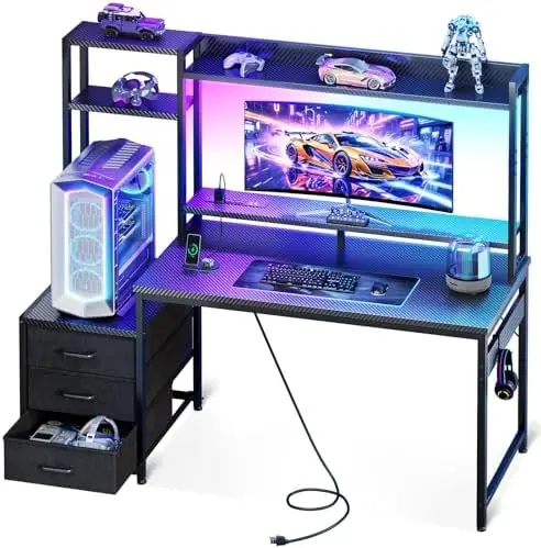 48 Inch Gaming Desk with Hutch & 3 Fabric Drawers, Computer Desk with USB Ports & LED Lights, Reversible Pc Gamer Table