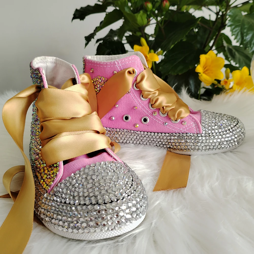 Handmade Rhinestones Bling Girls Womens Kids And Mother Candy Canvas Shoes Pearls Sneakers For Girl Birthday Party Wedding