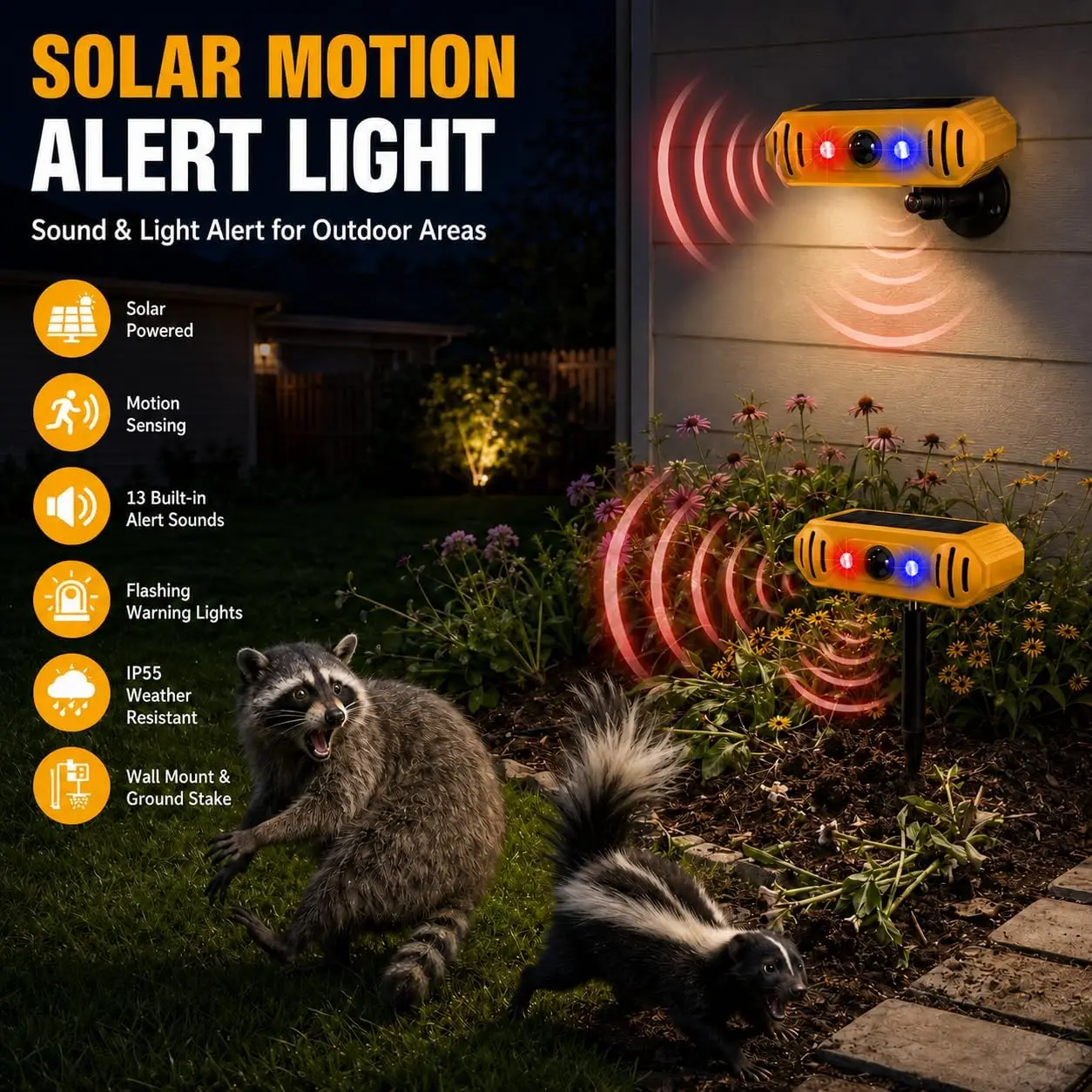 Solar Powered Motion Sensor Alarm 129DB Dual Speakers Fence Mounted Animal Deterrent Strobe Light 13 Sounds for Garden Pest