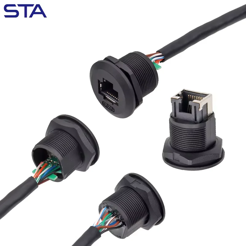 IP67 EP Panel Front Mount Threaded CAT6 RJ45 8 Pins Network Port Female Socket Male Straight Industrial Aviation Plug Connector