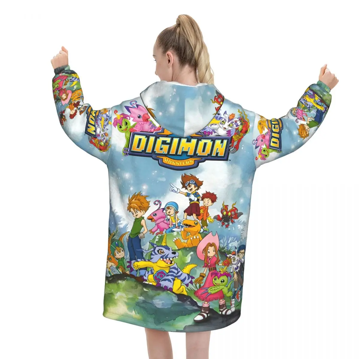 Digital Monster Digimon Oversized Deken Hoodie Sweatshirt Lange Fleece Capuchon Draagbare Deken met Grote Zak voor Dames Heren