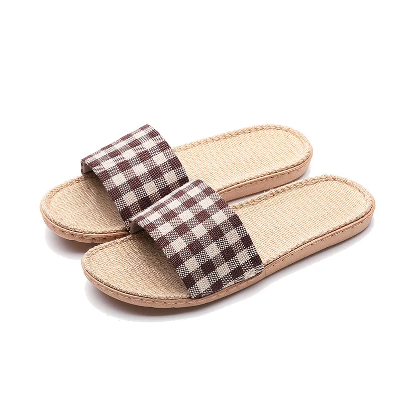 Mntrerm New Linen Slippers For Summer Men\'s Non Slip Spring And Autumn Home Floor  Shoe Home Floor Plaid Slippers