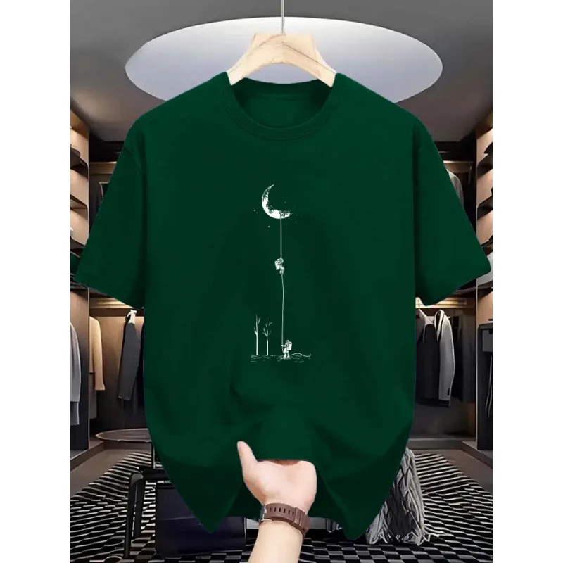Summer men's 100% pure cotton casual loose fit plus size moon landing pattern printed round neck short sleeved T-shirt top