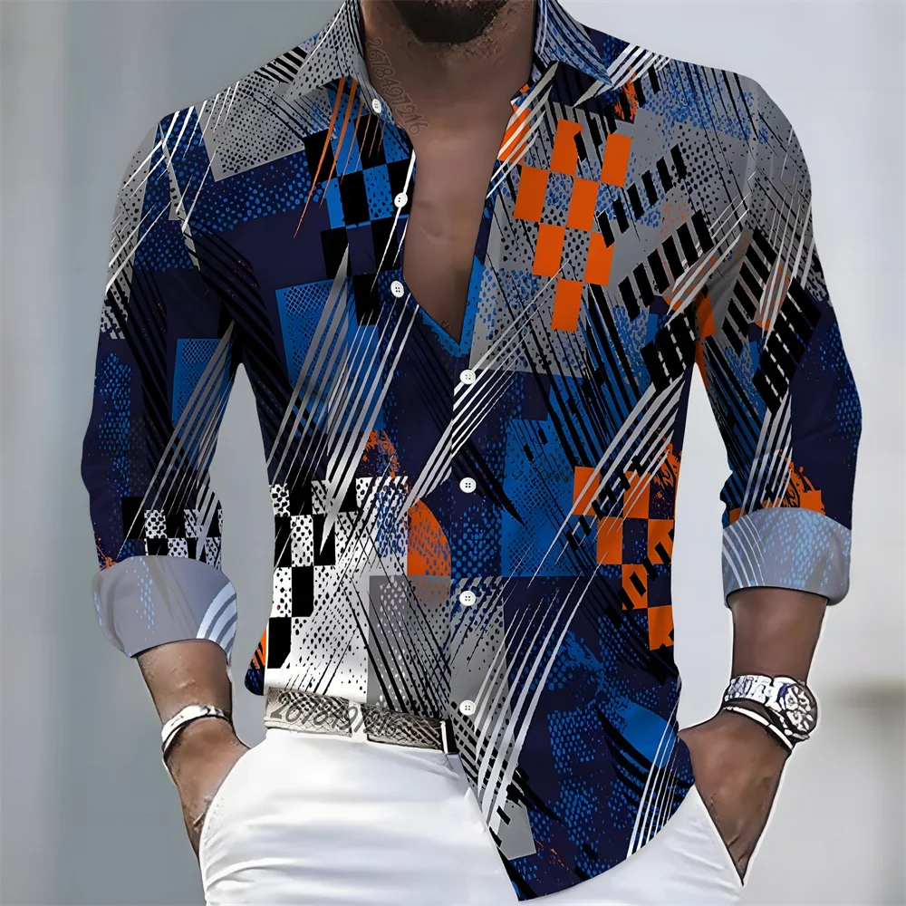 Men Long Sleeve Button‑Up Shirt Blue Orange Geometric Plaid Diagonal Line Street Casual Tops