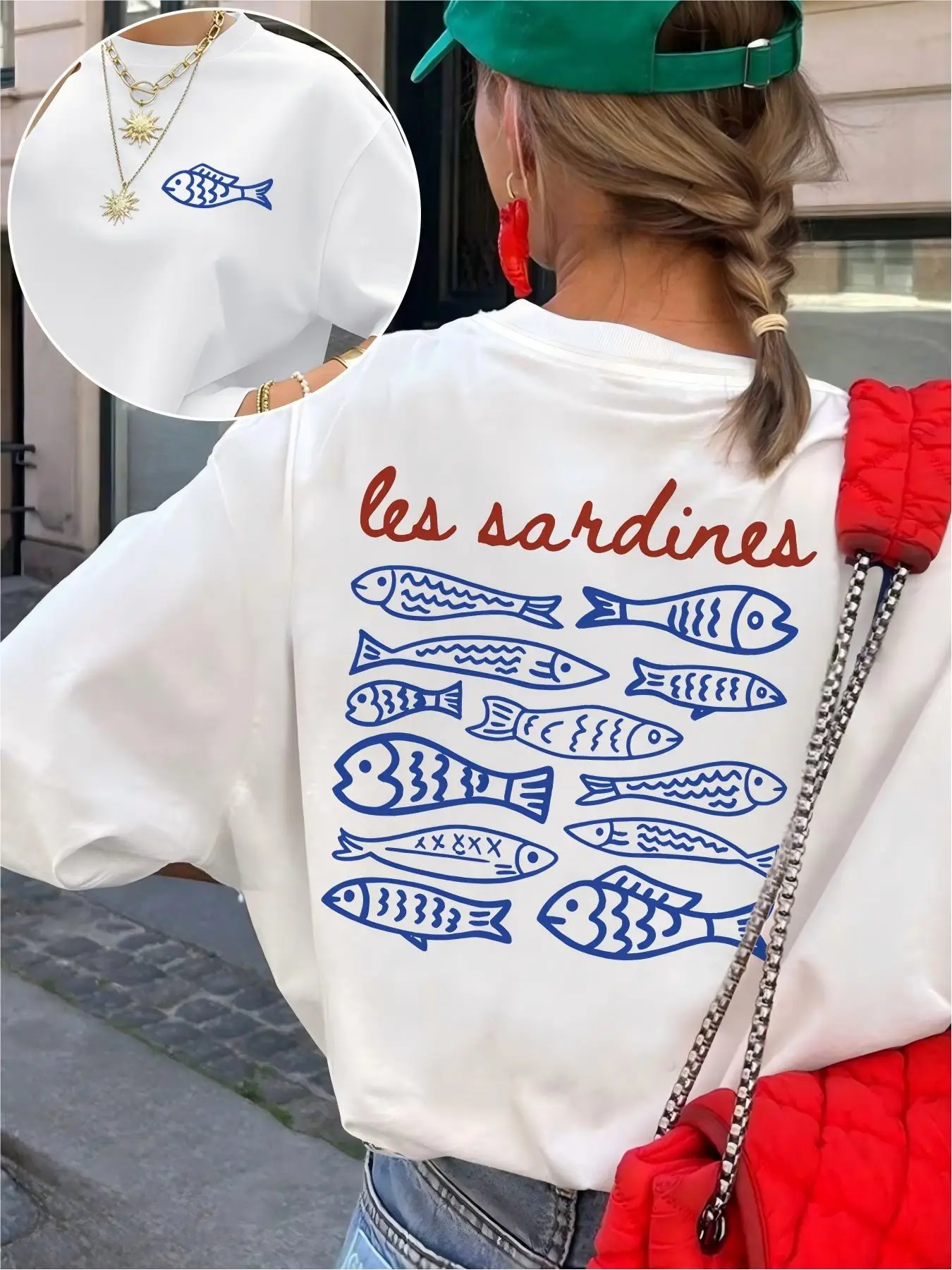 Camiseta Vintage con Estampado de Peces de Doble Cara para Mujer, Estilo Francés Harajuku, Manga Corta, Estética Costera, Playera de Playa