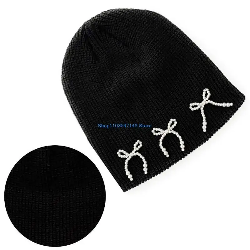 

P88B Pearls Knitting Hat Slouchy Black Warm Hat Soft Hat Accessories Slouchy Hat High School Teens