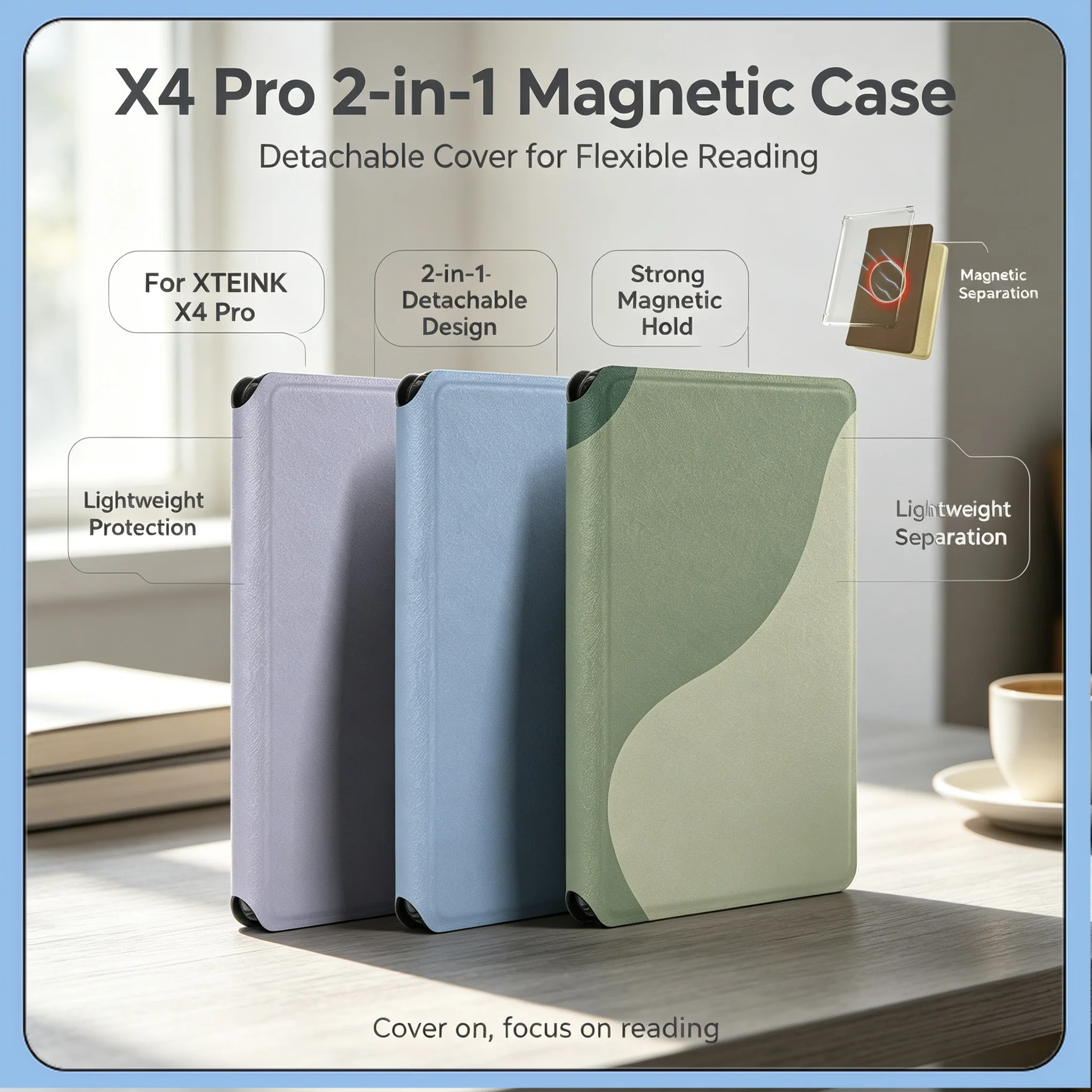 For XTEINK X4 Pro E-Reader 2-in-1 Magnetic Detachable Case Clear TPU Inner Shell Magnetic Flip Cover MagSafe Compatible E-Paper