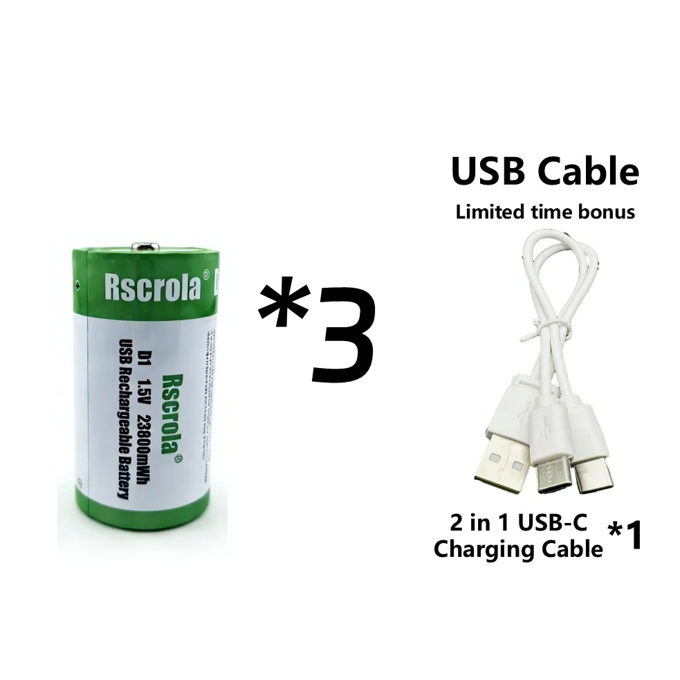 1.5V 23800mWh D-cel batterijen Oplaadbare D-batterijen met oplaadkabel voor gasfornuis, waterverwarmer, zaklamp, radio, gereedschap, speelgoed