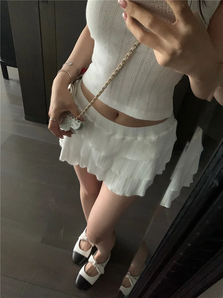 ชุดเซ็ตเสื้อคลุมคาร์ดิแกนเปิดไหล่สไตล์เกาหลี พร้อมกระโปรงทรงเข้ารูป สายเดี่ยว ชุดใหม่สำหรับผู้หญิง ฤดูใบไม้ร่วง