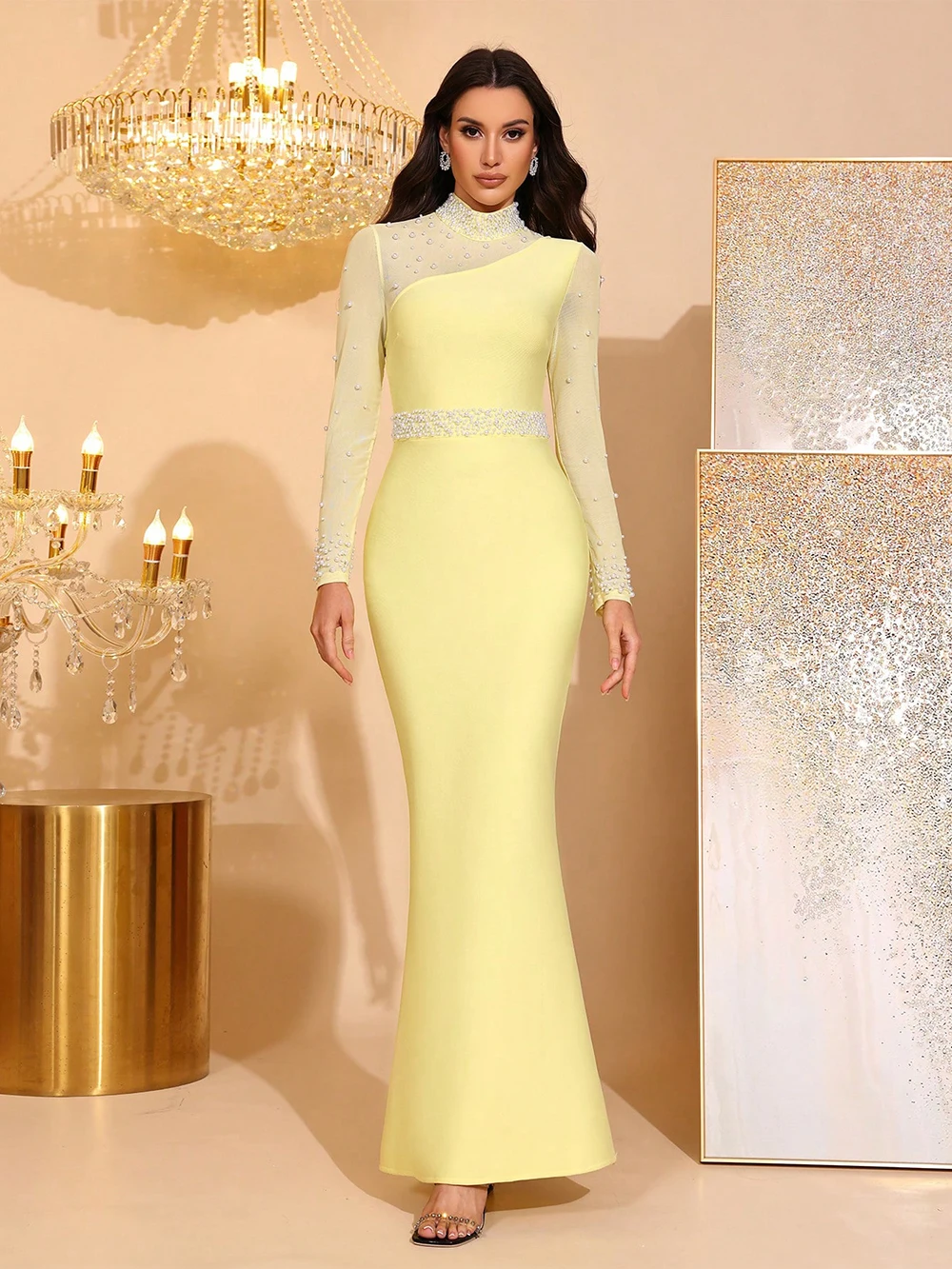 Modphy Sexy Women Yellow Luxury Bead Mesh Patchwork Bandage Dress Stand Collar Long Sleeved Bodycon Long Dress Party Vestidos