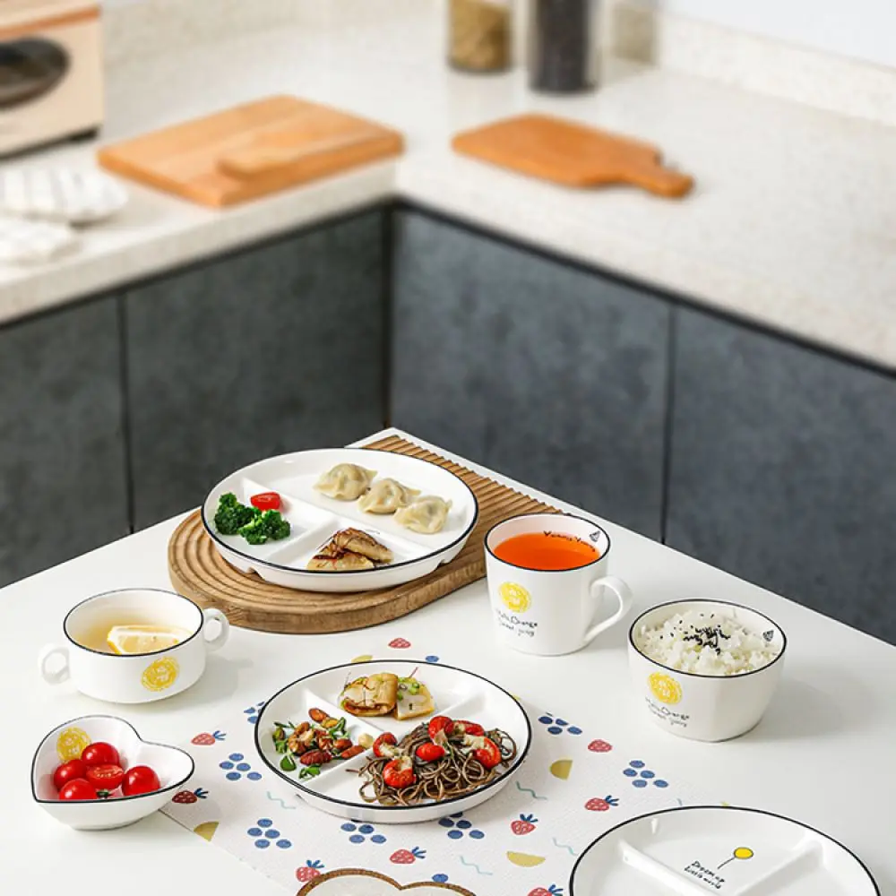 Round Porcelain Divided Dinner Plate Sectional Food Serving Tray Microwave Safe Healthy Eating Portion Control Dish Tableware