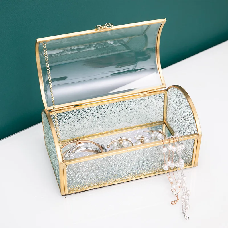 Treasure Chest Box Glass Jewelry Box Jewelry Organizer Gold Glass Box Keepsake Box for Storage Ring Earring Small Trinket Decora