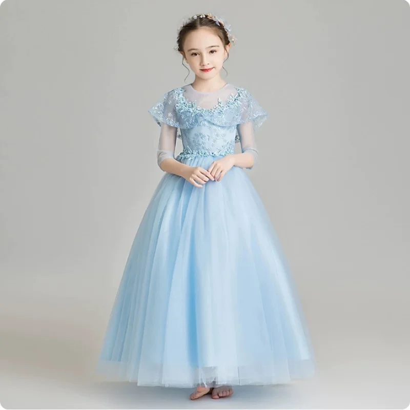 Dreamy Ice Blue Lace Flower Girl Dress Floral Embroidered Tulle Maxi Gown For Wedding Photoshoot Gala Performance