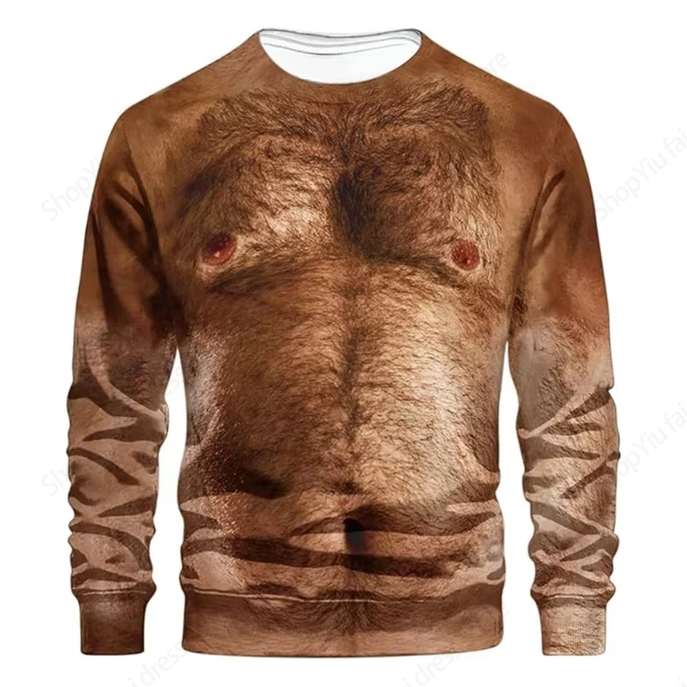 Crewneck Long Sleeve T-shirt 3D Funny Muscle Body Printed T-shirts Slim Oversized T shirt Men Tops Ugly Chest Hair Tops Tees New