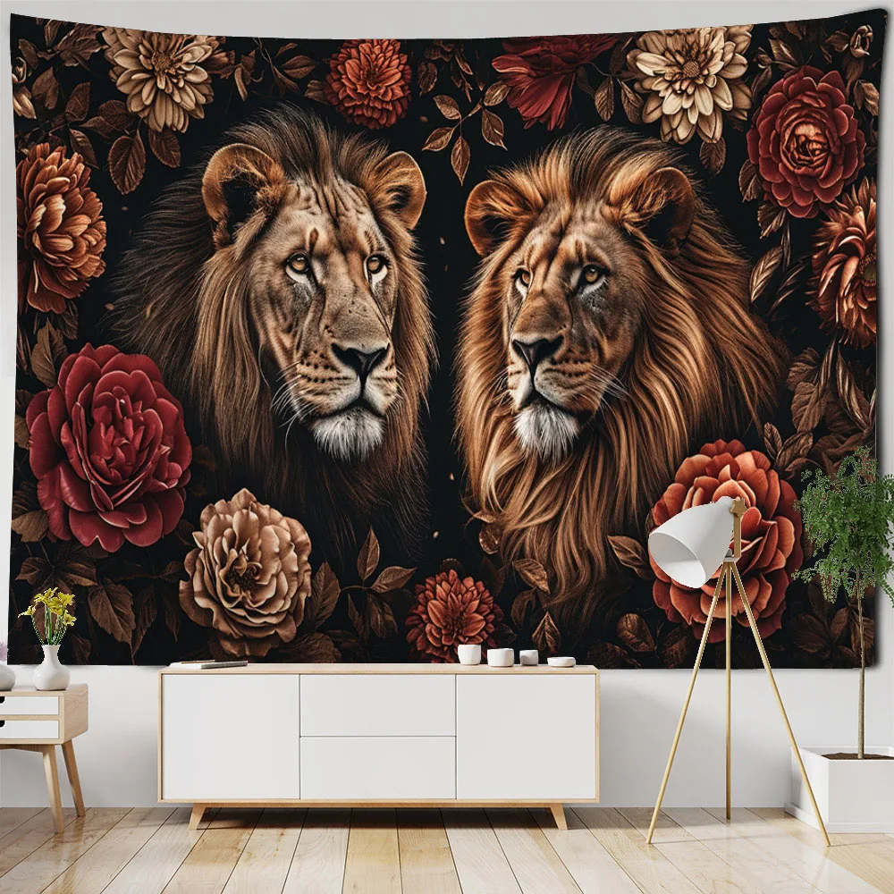 

Flower lion tapestry, animal art decoration, wall hanging, hippie home, living room, bedroom, wall decoration, background cloth